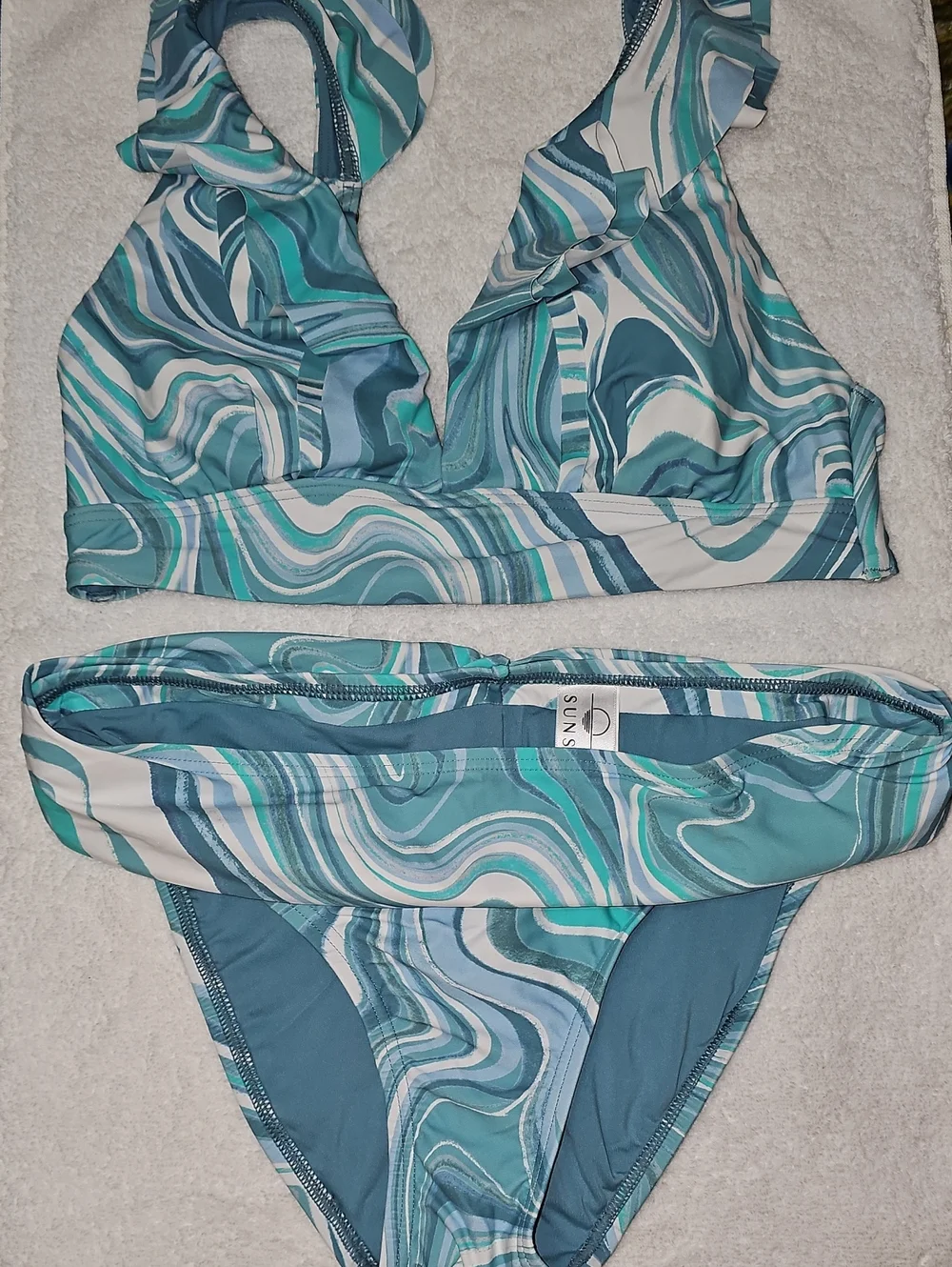 Blue Teal Marble-Print Ruffle Halter Bikini